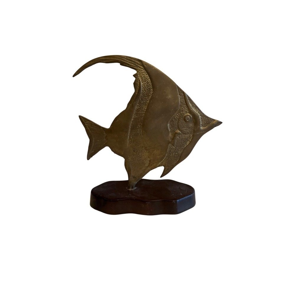 Vintage Brass Fish Figurine‎ On Wooden Base 8" Tall Unique Maritime Decor